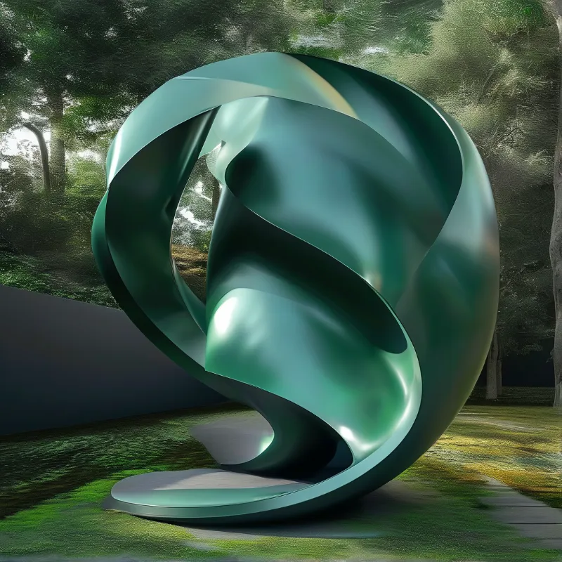 A polished teal abstract form stands on grass surrounded by trees casting soft shadows