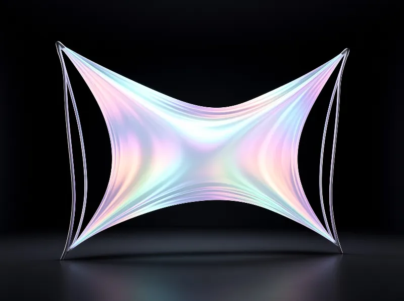 Iridescent saddle sculpture suspended by rods against black background with pink and blue glow