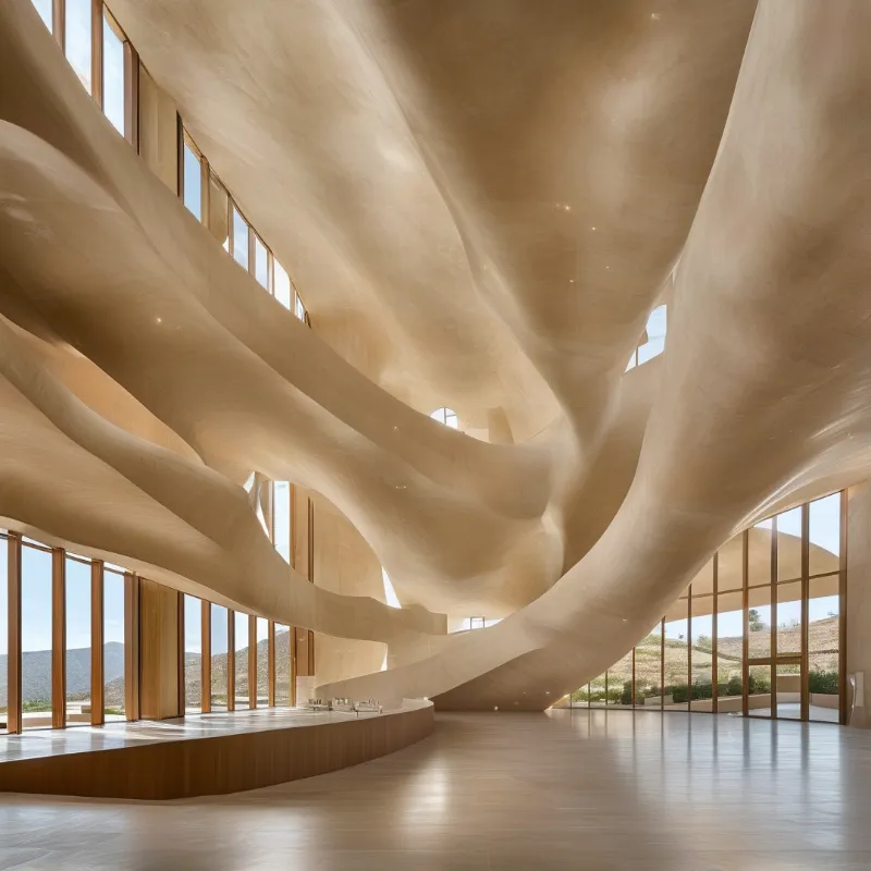A spacious hall with flowing wooden curves, large windows, and warm sunlight