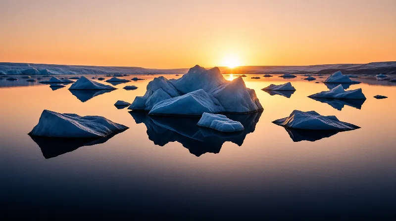 Chunks of pale blue ice drift on a mirror-calm lagoon as the low sun sets behind a distant glacier wall.