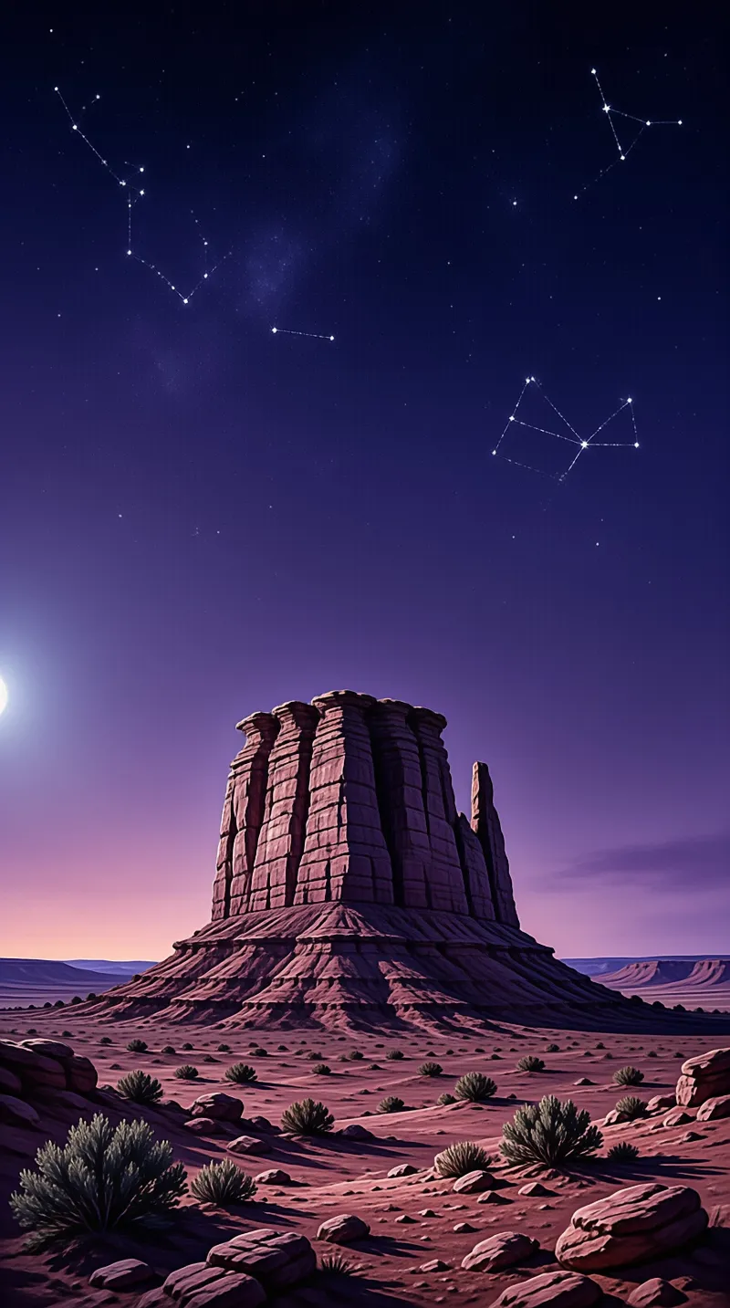 A layered rock butte rises from a dusk desert while linked stars chart the purple sky above.