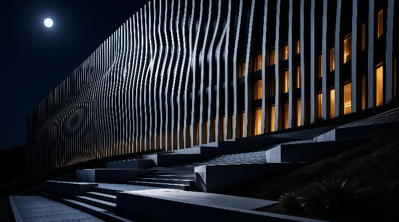 A modern building with wavy vertical fins glows with warm interior light under a full moon.