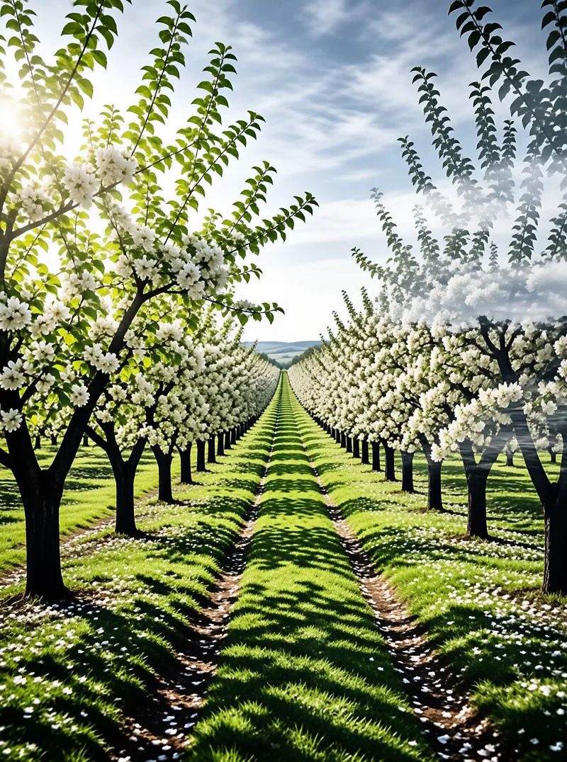 Neatly aligned rows of white blossoming orchard trees stretch across a green field, casting long shadows under a bright sky.