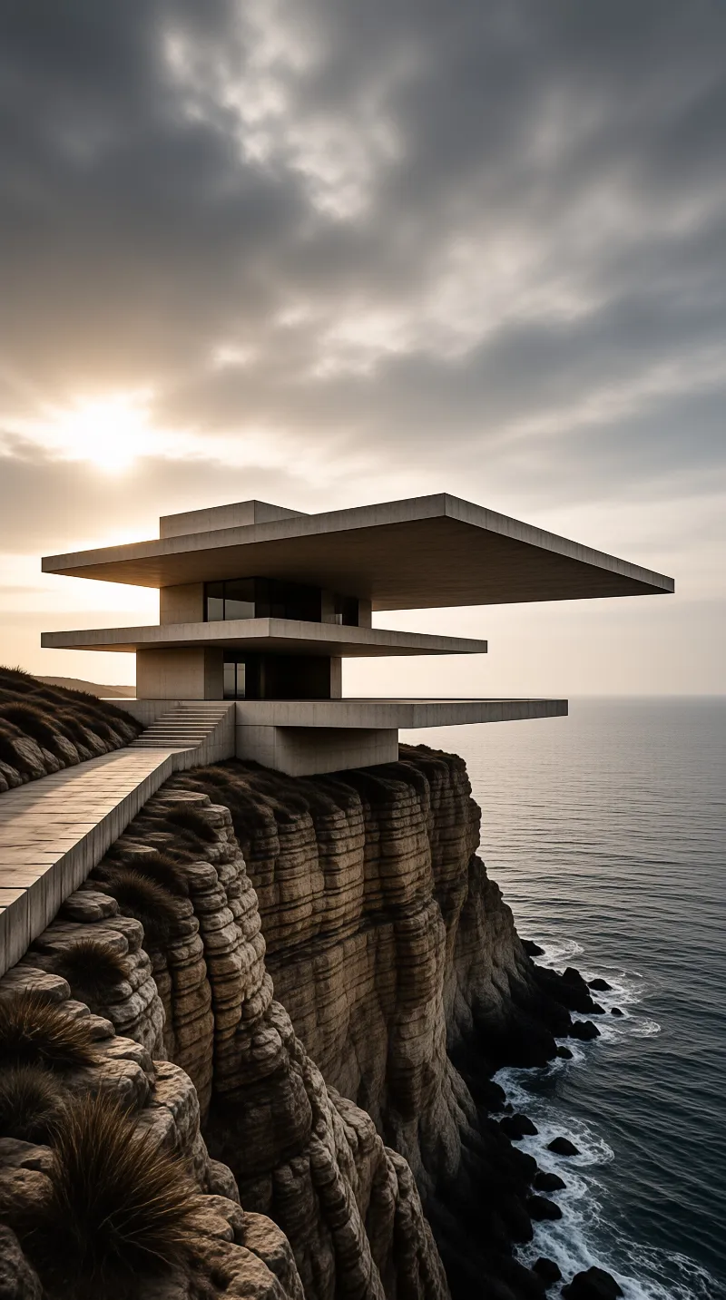 A geometric building extends outward from a rugged coastline beneath a cloudy sky during golden hour.