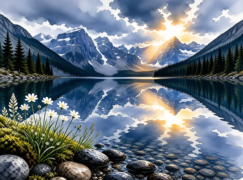 Painted mountains and a breaking sun are doubled in still water, with daisies and wet stones at the near shore.