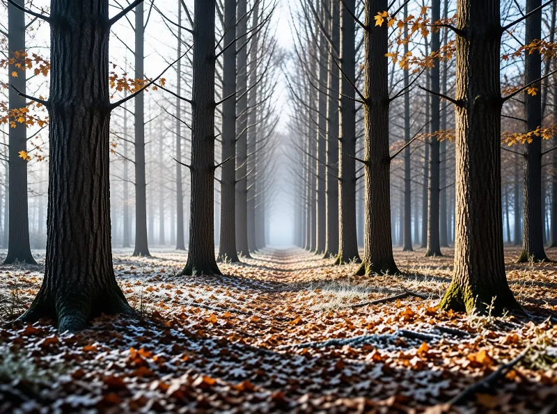 Tall leafless trees form a symmetrical corridor over a carpet of orange autumn leaves dusted with early frost.