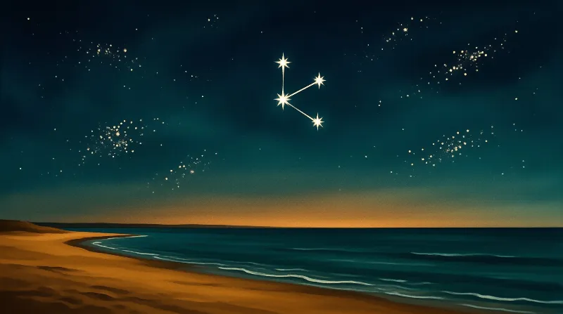 A bright four star constellation shines above a dark teal sea meeting a golden sandy shore under a starry night sky.