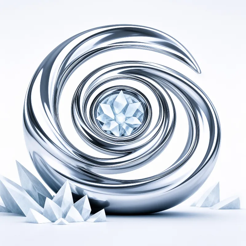 A reflective silver swirl encircles a faceted gem with broken crystal pieces at the base.