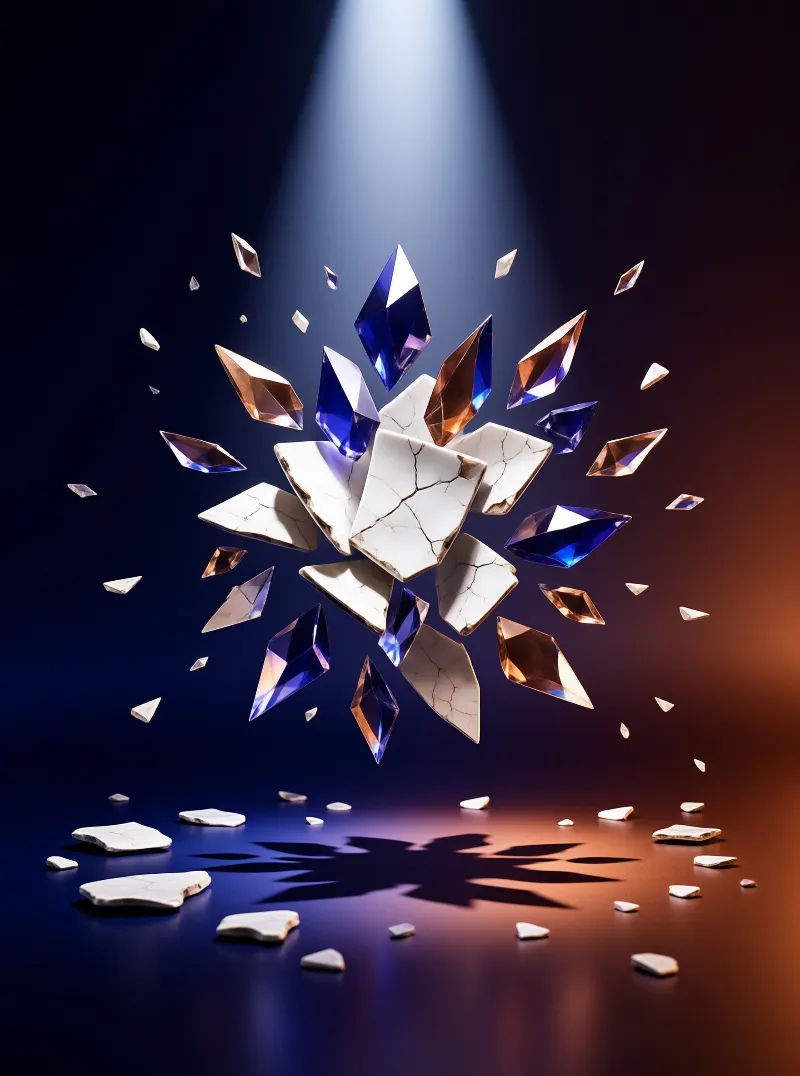 A suspended explosion of white ceramic pieces and blue gems floats in a dark void lit from above.