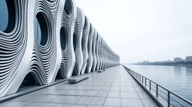 A modern building with a wavy white exterior stands next to a calm river, separated by a wide paved walkway.