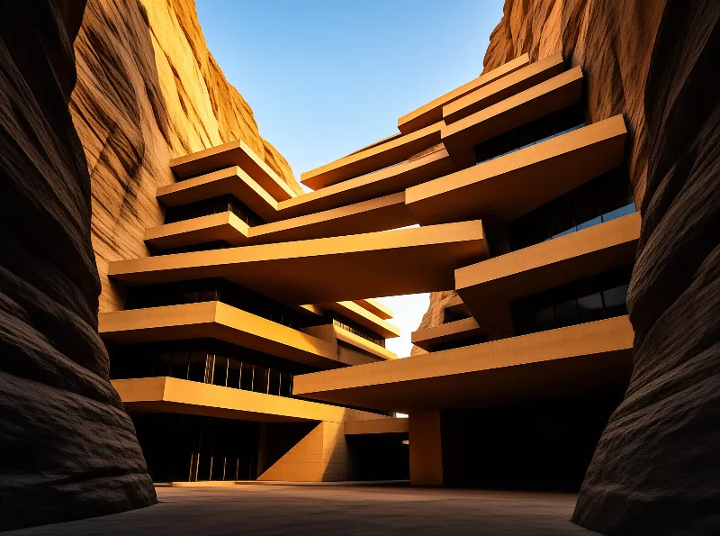 A multi-story building with cantilevered floors is built into a rocky canyon under bright sunlight.