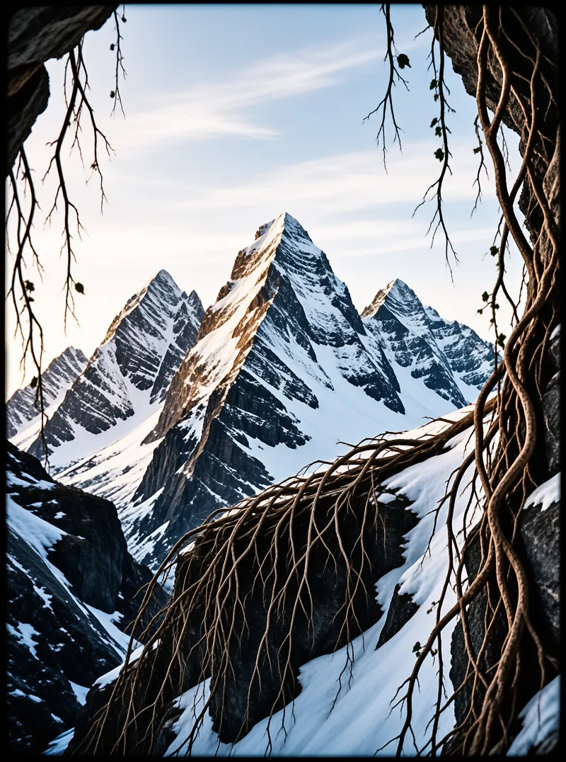 Snowy mountain range seen through dark rocks and hanging roots bathed in warm sunlight