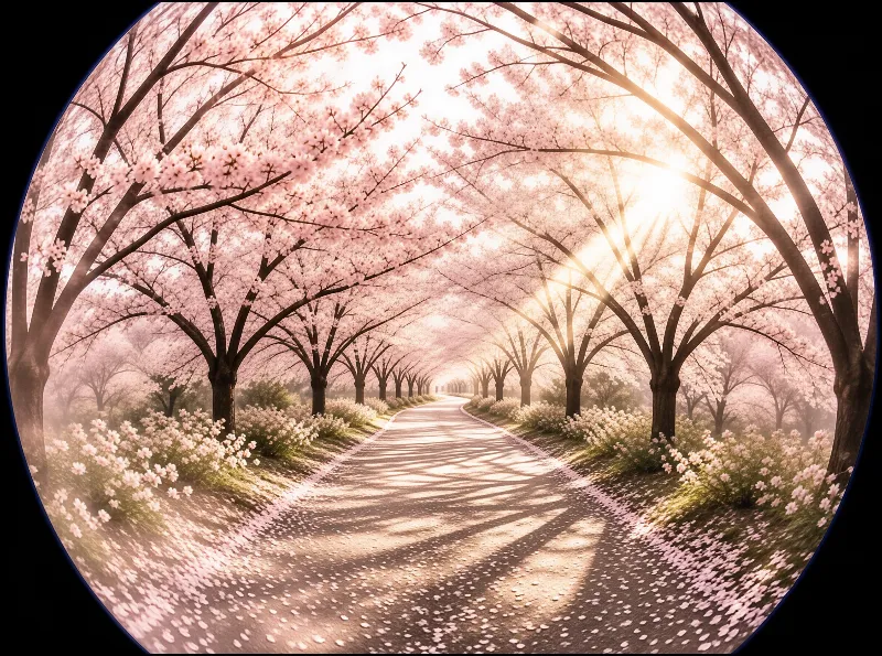 A curving path runs beneath arching pink cherry trees as low sun flares through the blooms.