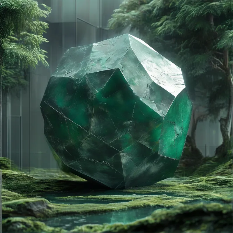 A massive emerald-colored mineral shape rests on mossy terrain surrounded by evergreens.