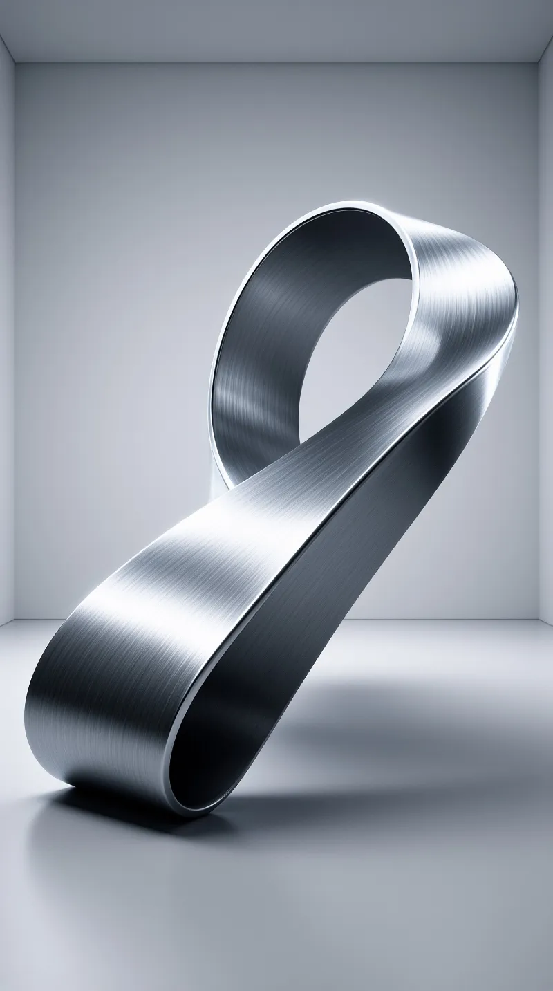 A continuous loop of polished metal curves back on itself, catching soft light against pale walls and floor.