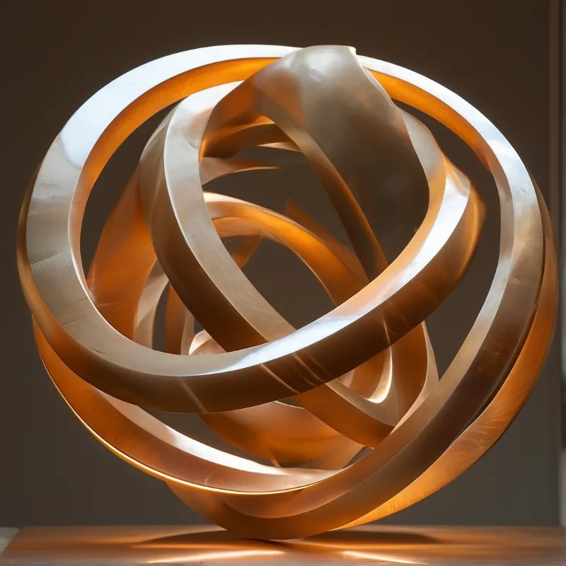 A complex sculpture of interwoven golden ribbons sits on a wooden surface illuminated by warm directional lighting.