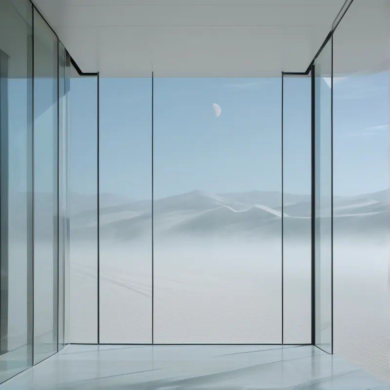 A minimalist room of full height glazing looks out across wind sculpted dunes, with a half moon faint in the blue sky