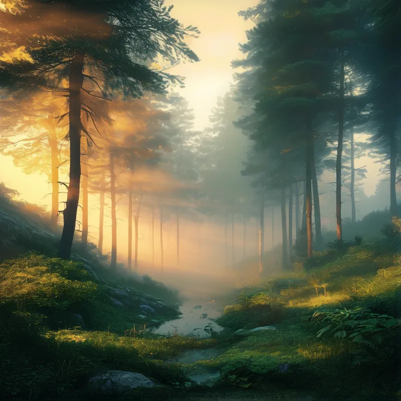 Misty Sunlit Forest