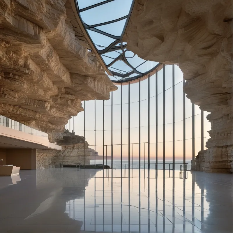 Spacious room with textured stone ceilings and floor to ceiling windows facing the water at sunset.