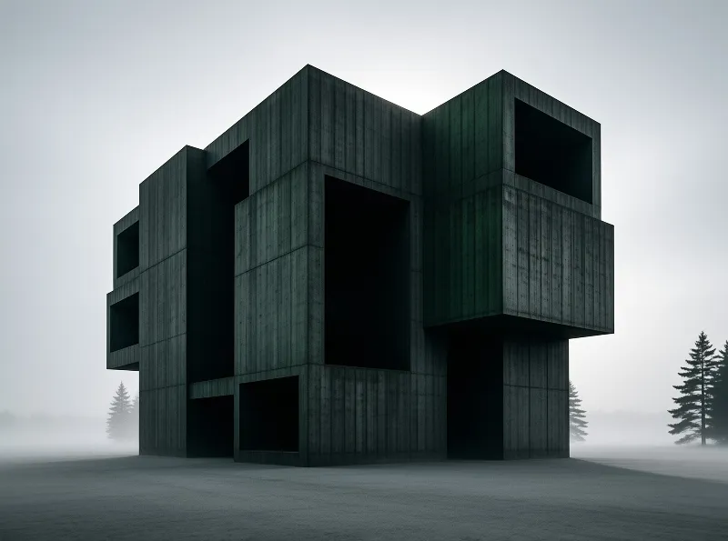 A monolithic brutalist concrete building with deep dark openings stands in a misty forest clearing under an overcast sky.
