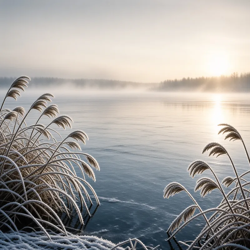 Delicate ice crystals coat arching reeds at the edge of a calm frozen lake while morning fog drifts over distant pines