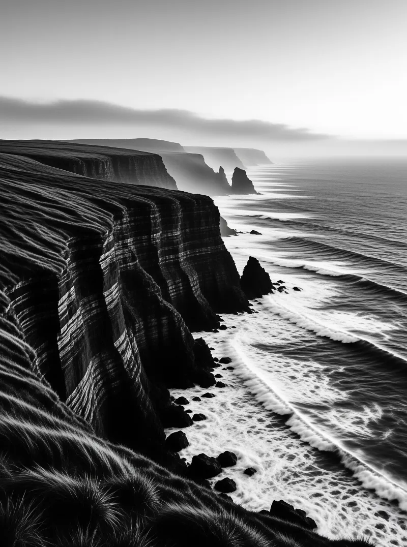 A black and white photograph shows layered coastal cliffs extending from the left side of the frame into a foggy distance where the sea meets the horizon. White foam from crashing waves surrounds dark rocks at the base of the steep rock formations.