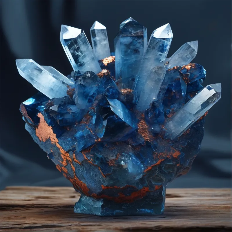 Translucent blue crystal points emerge from a base with orange mineral veins on a wooden surface.