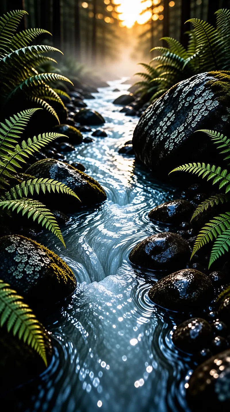 Clear water flows over dark wet stones surrounded by bright green ferns and dappled sunlight filtering through the trees.