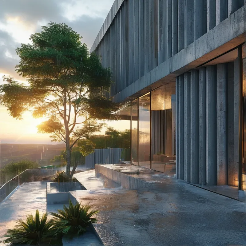 A fluted concrete building with large glass walls overlooks a wet terrace and distant hills under a warm golden sunset sky.