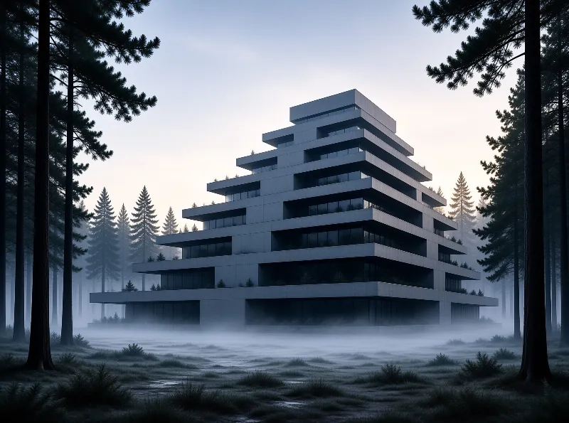 A terraced grey building rises through fog in a pine forest, its balconies fading into the haze.