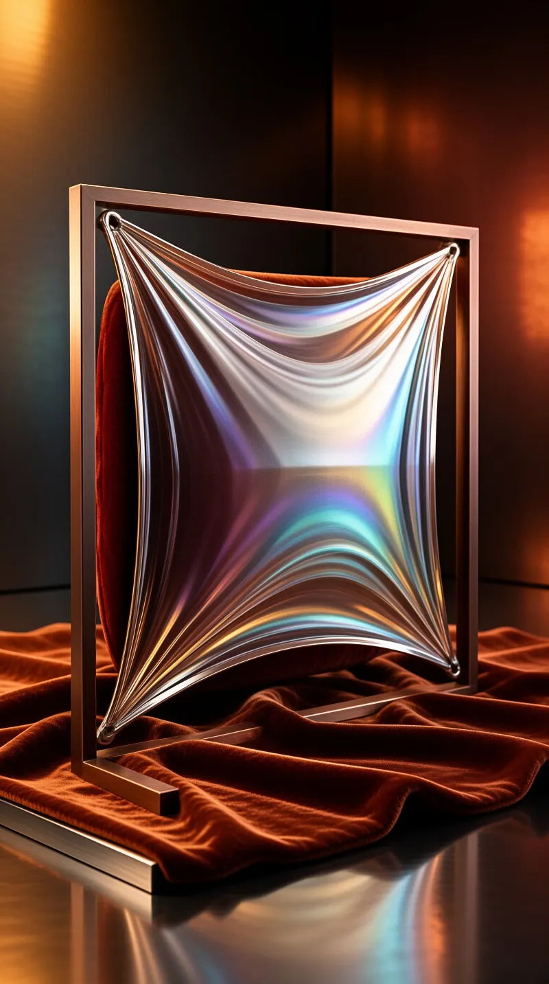 A metallic frame holds stretched iridescent fabric reflecting rainbow colors above red velvet cloth on a dark floor.