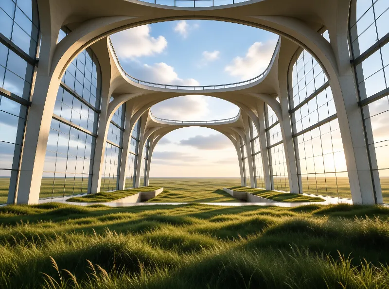 A sweeping grass field fills the interior of a curved concrete shell that opens directly to the horizon.