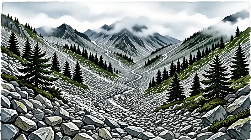 A stylized illustration of a massive glacier snaking down a steep valley flanked by pine trees and boulders under a cloudy sky.