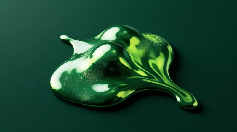 A glossy green metallic shape rests on a dark surface with bright white highlights reflecting light across its curved form.