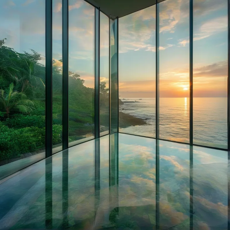 A spacious interior with floor to ceiling glass walls reflects a tropical landscape and a glowing sunset over the calm ocean.