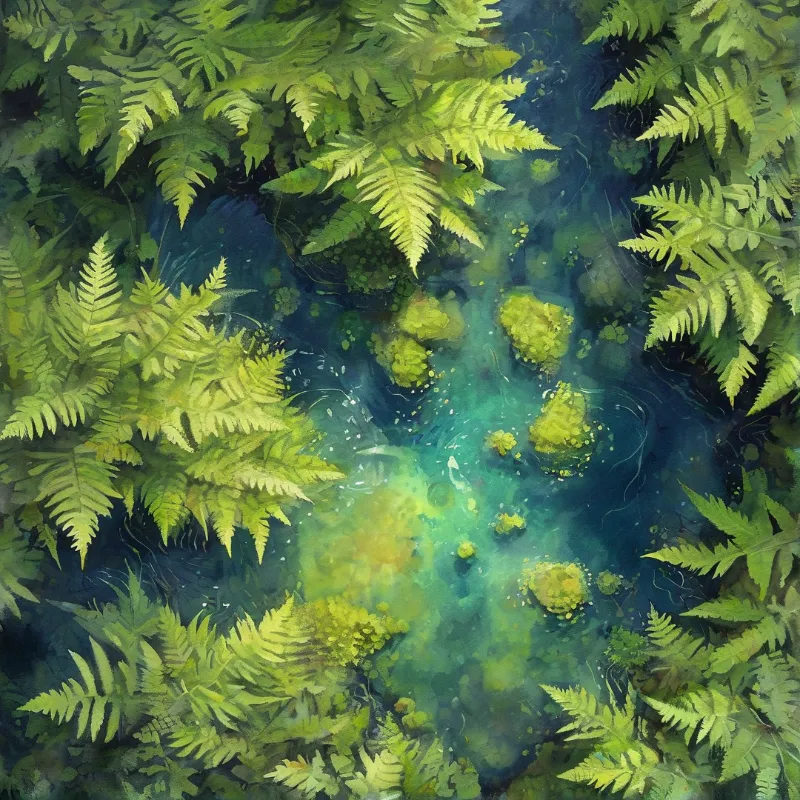 Vibrant green fern leaves surround a turquoise water pool with floating mossy islets and bright dappled sunlight.