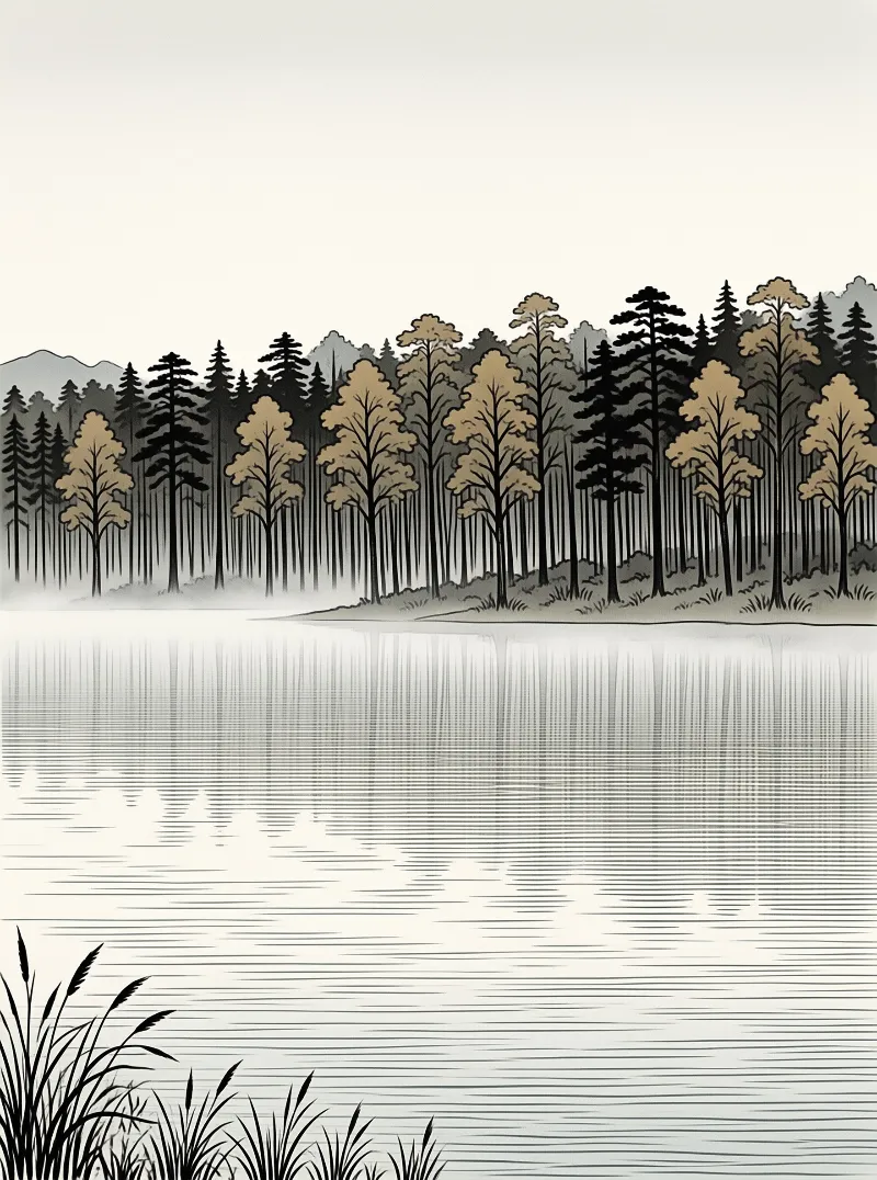 Dark pine and olive-leafed trees fringe the misty shore, their long reflections stretching across pale rippling water.