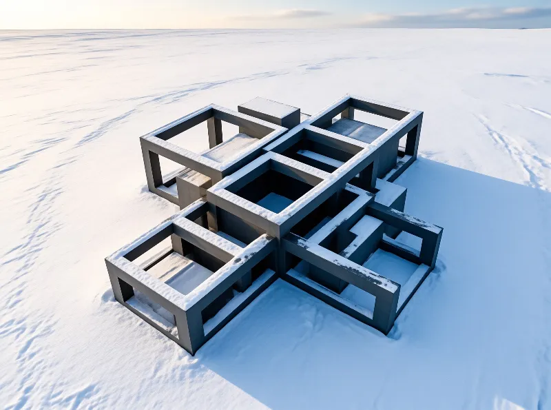 A concrete Penrose cube sits on an open sunlit snowfield, with long blue shadows stretching across the bright white snow.