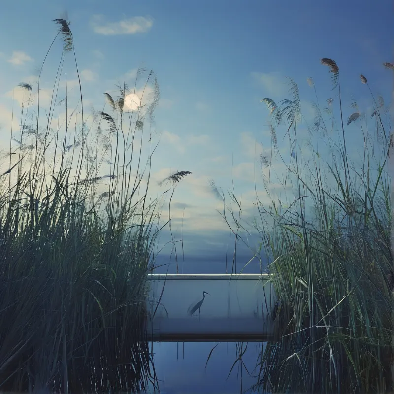 A wading bird stands in calm water framed by tall vegetation while the sun shines through clouds.
