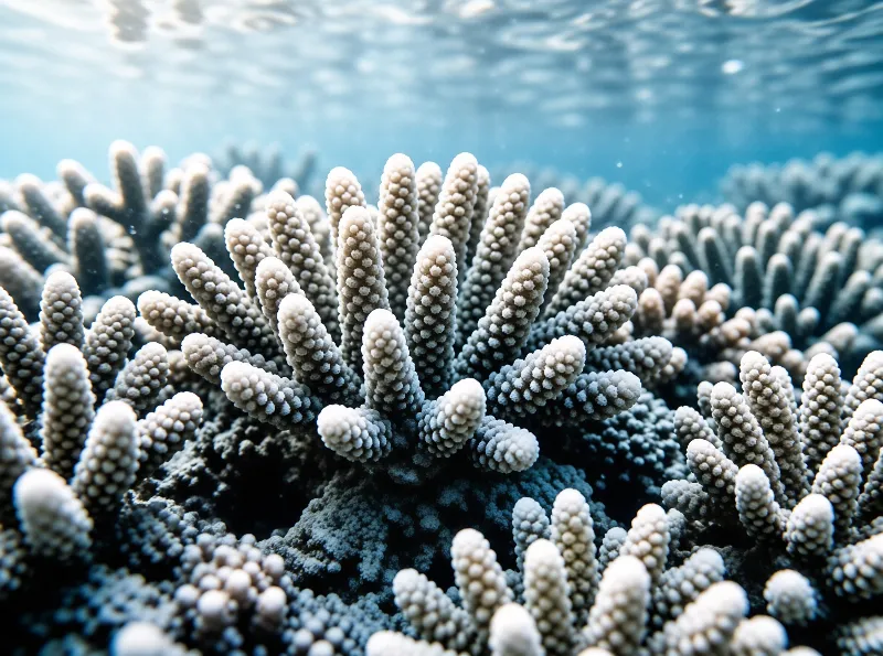 Close up view of a pale coral polyp with textured tentacles extending upwards into clear blue water.