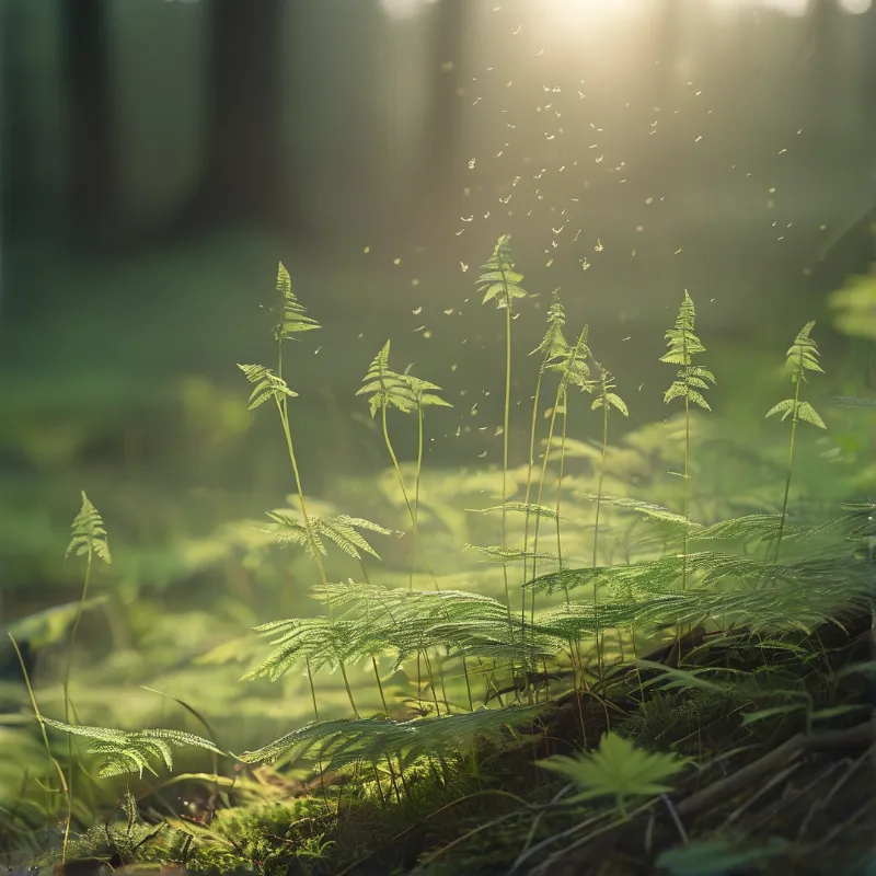 Delicate fronds unfurl along a moss-covered log while warm light catches drifting spores high in the air.