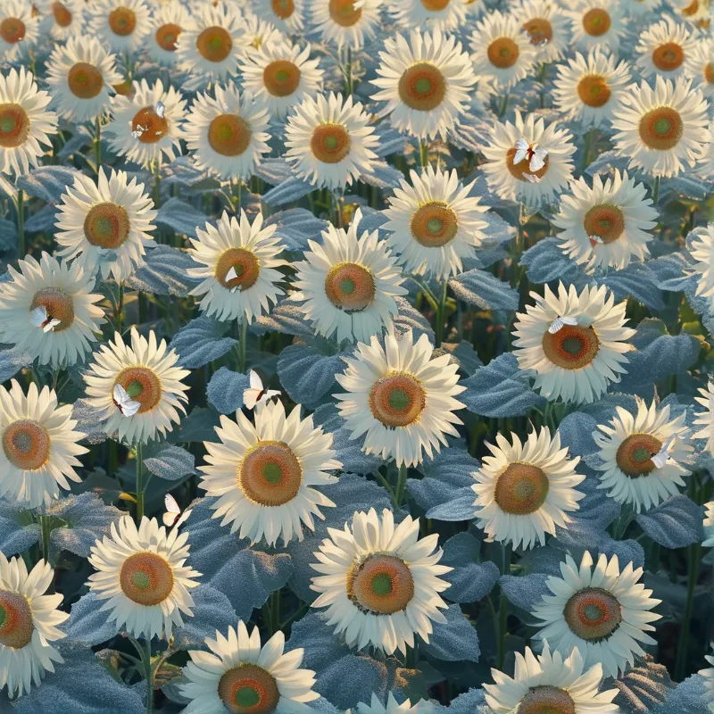 White daisies with yellow centers bloom among textured blue leaves as small white butterflies perch on the flower heads.