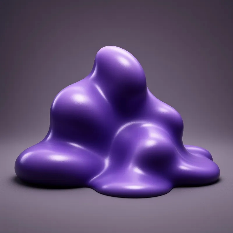 A smooth amorphous violet form with soft rounded bulges rests on a neutral studio surface under diffused light.