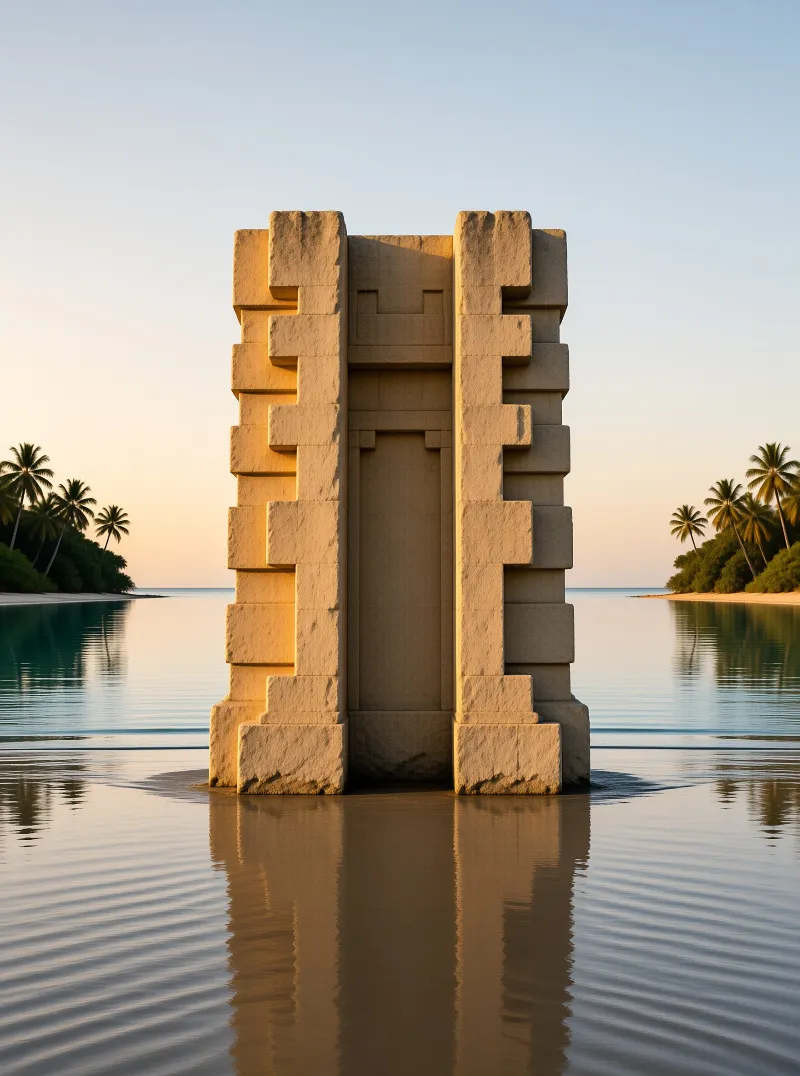 A towering weathered stone block with notched sides stands in still water near palm-covered islands during sunset.