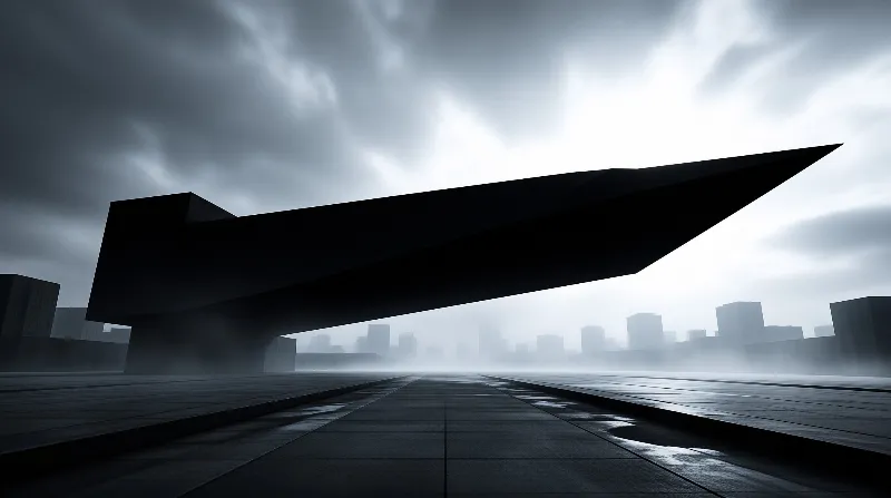 A massive dark geometric building casts a long shadow across a wet paved area while mist obscures distant city skyscrapers.