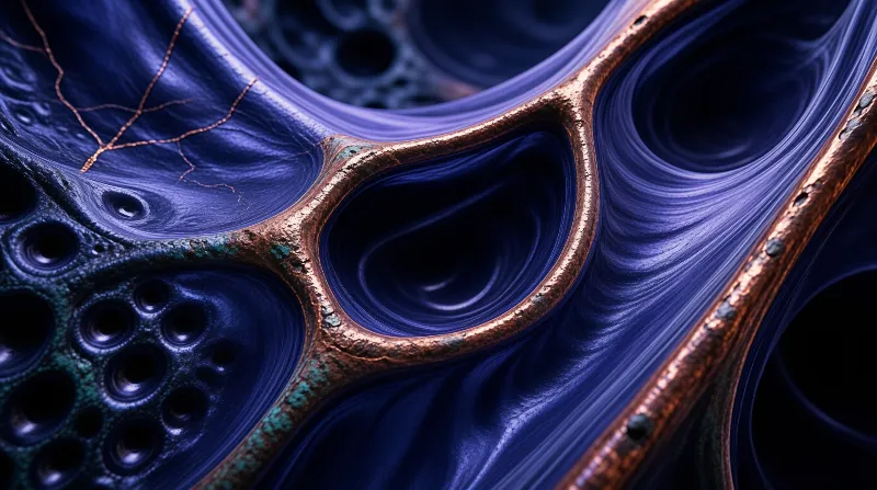 Futuristic organic shape featuring deep violet swirls and bright copper edges with green patina details.