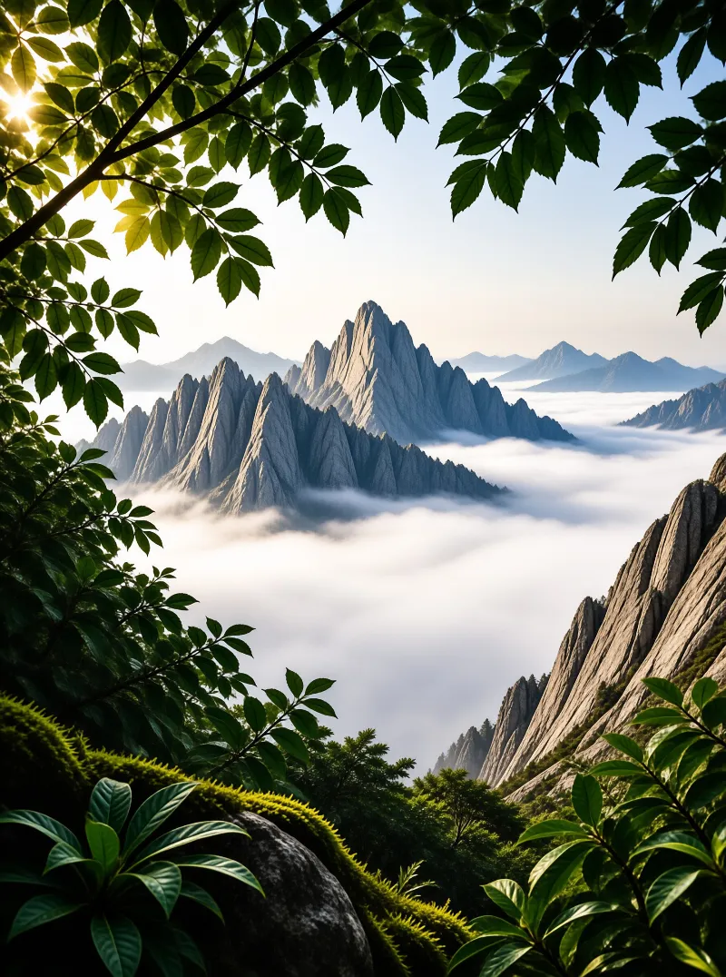 Jagged grey peaks rise above a thick white cloud sea, framed by sunlit green foliage at the frame edges.