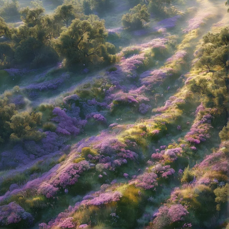 Misty Purple Flower Hillside