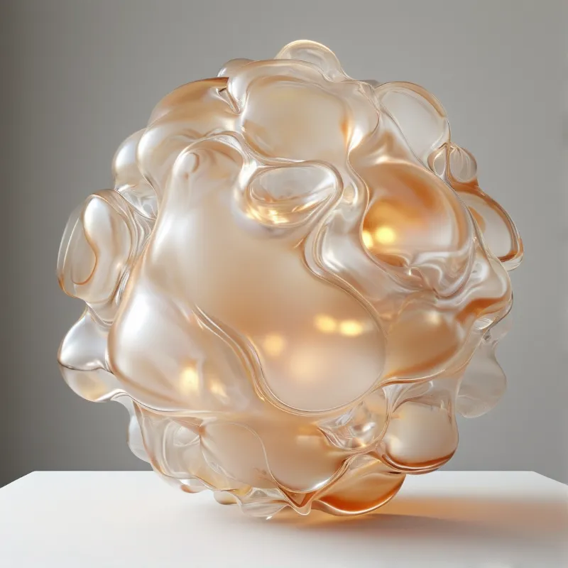 A glossy organic form with wavy contours and warm amber tones rests on a white platform against a muted gray backdrop.