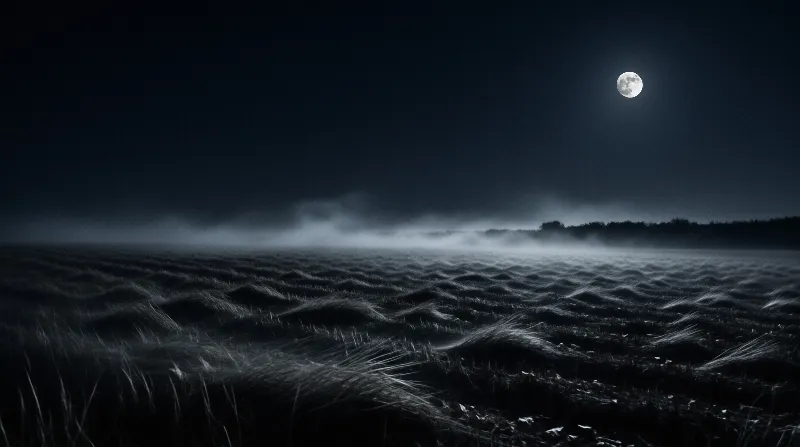 Tall grasses cover a dark field while thick fog drifts near the horizon beneath a bright moon in the night sky